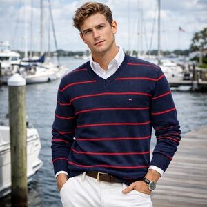 Tommy Hilfiger Navy Blue Sweater with Red Stripes